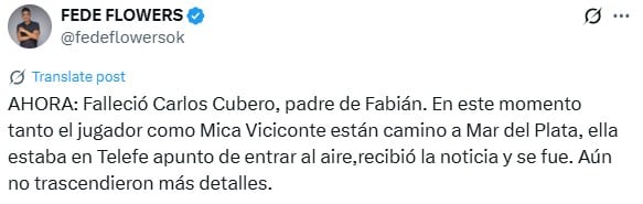 Murió el papá de Fabián Cubero