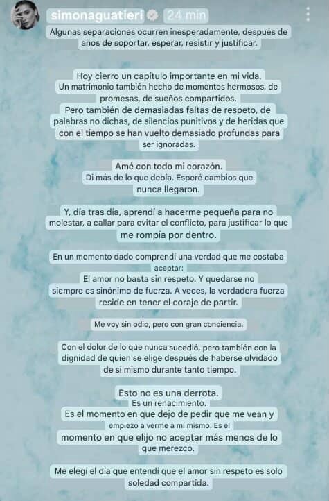 El duro comunicado de Simona Guatieri sobre su separación (versión traducida)