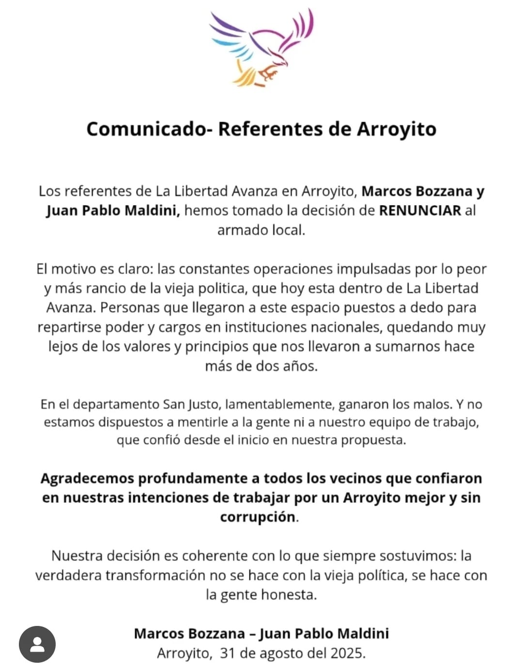 La Libertad Avanza en Arroyito se queda sin referentes, Maldini y Bozzana renunciaron al armado local