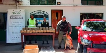 Efectivos de Gendarmería Nacional posan junto a los 50 kilos de marihuana encontrados por el can "Bailey", en Jujuy.