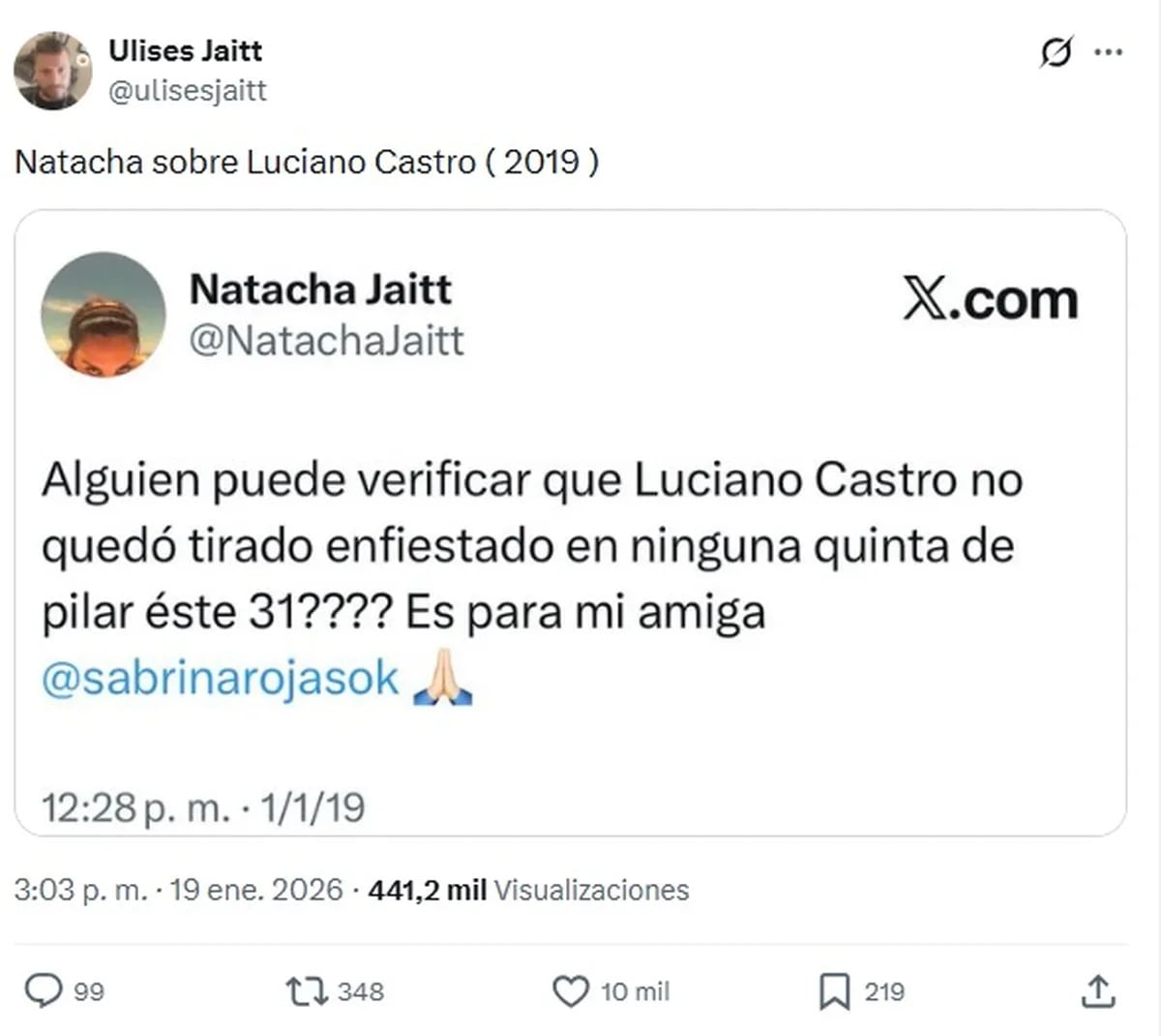 Qué dijo Natacha Jaitt sobre Luciano Castro en 2019