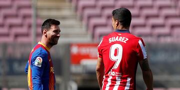 Lionel Messi y Luis Suárez en la previa del Barcelona-Atlético de Madrid.