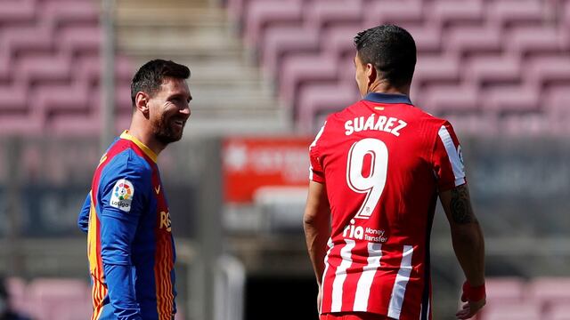 Lionel Messi y Luis Suárez en la previa del Barcelona-Atlético de Madrid.
