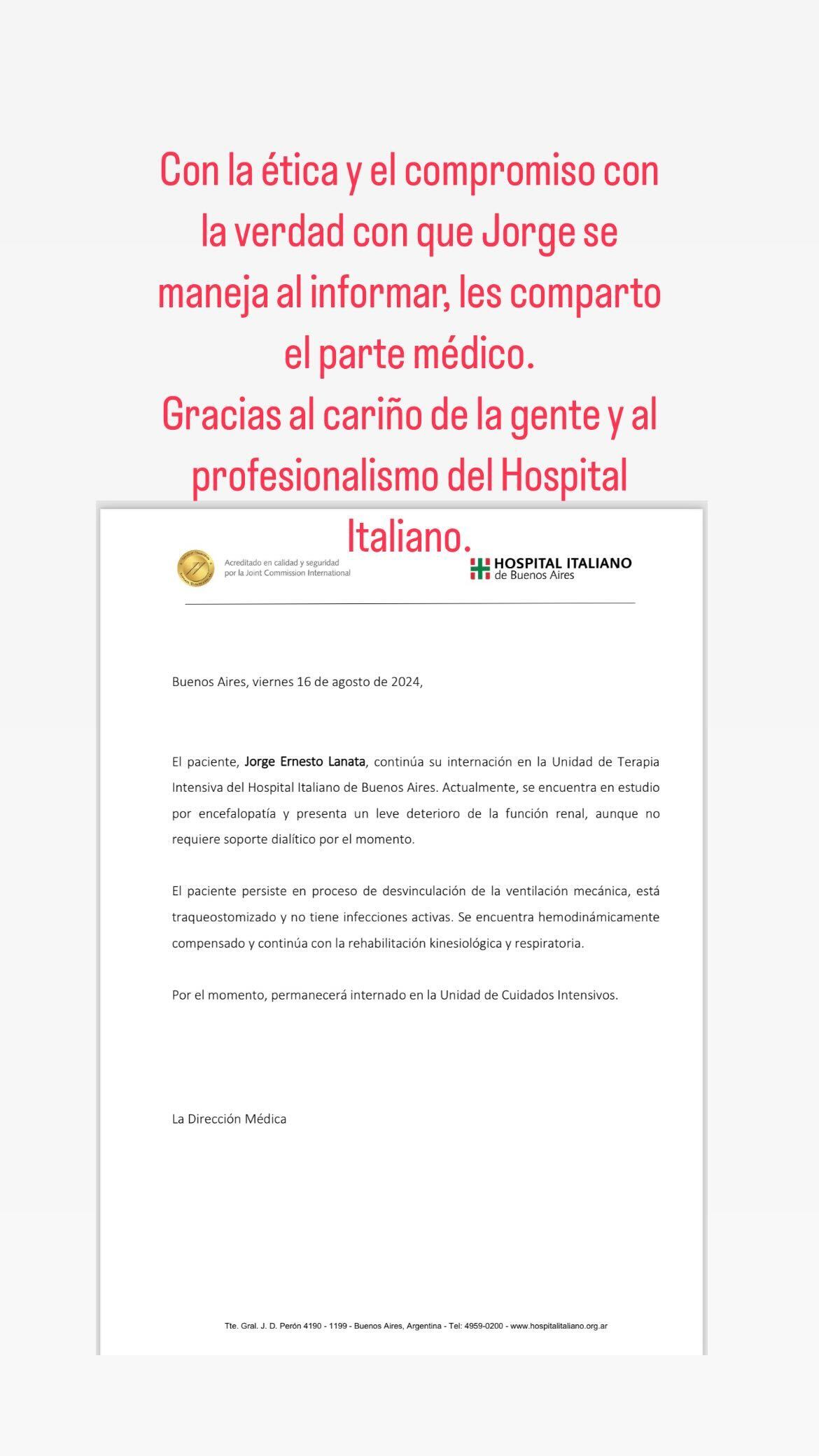 El nuevo parte médico de Jorge Lanata: el 16 de agosto de 2024