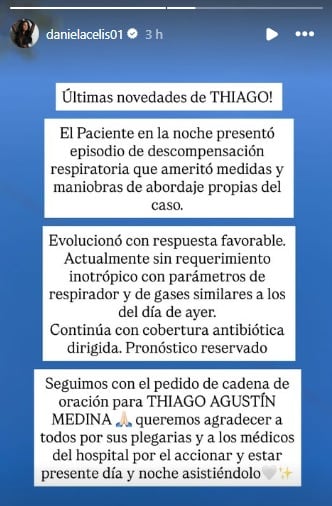 Daniela Celis sobre el nuevo parte médico de Thiago Medina.