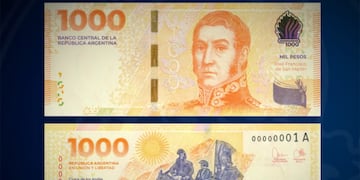 El billete de 1.000 con la cara de San Martín (BCRA).