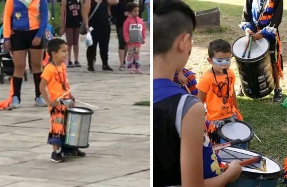 Tiene 5 años y cautiva con su simpatía al tocar el repique en una murga de un barrio de Mendoza