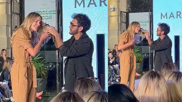 La modelo tuvo un insólito accidente con un drone en pleno desfile. (captura de video)