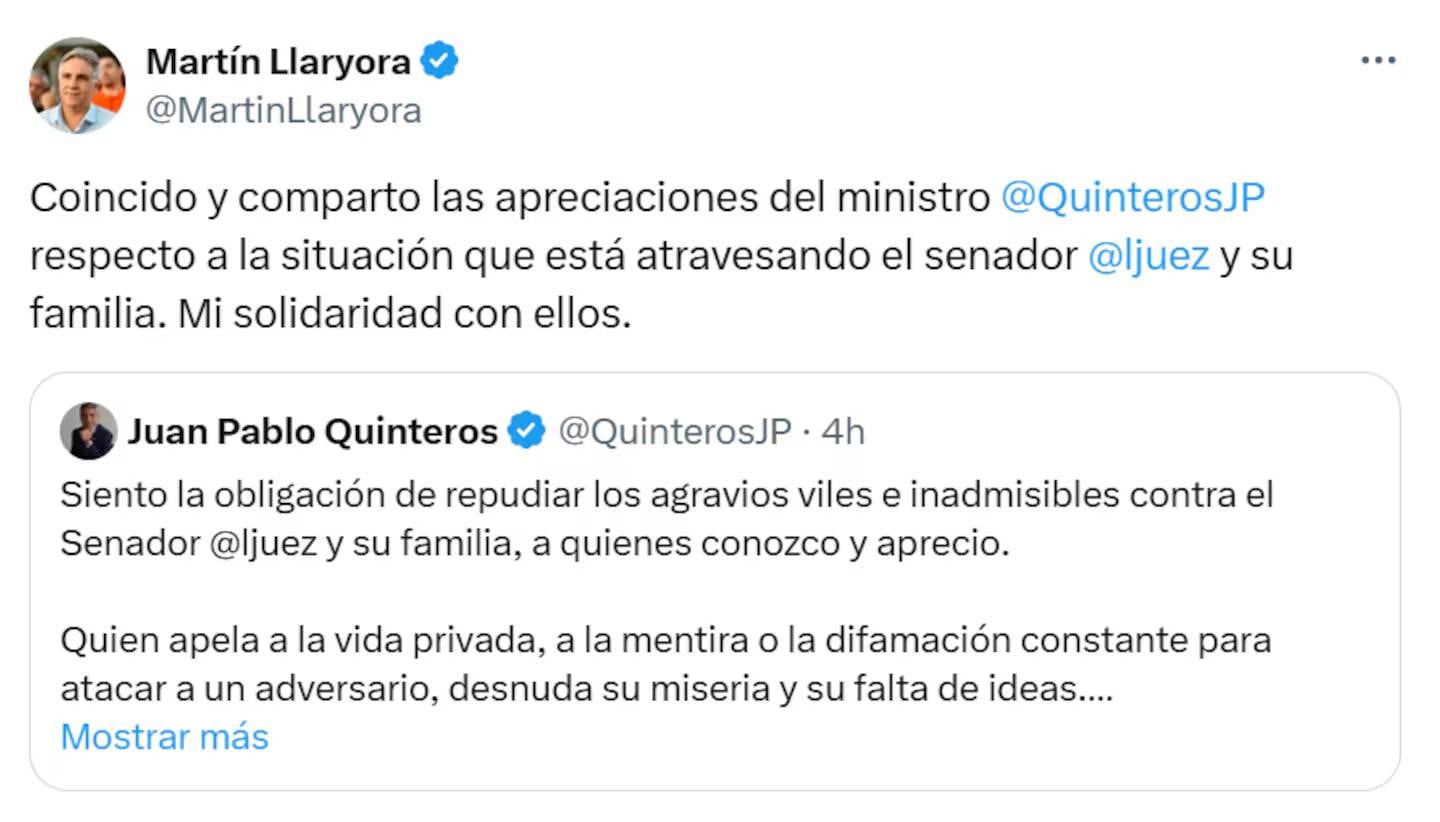 Los tuits de Martín Llaryora y Juan Pablo Quinteros solidarizándose con Luis Juez.