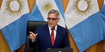 El gobernador Martín Llaryora inaugura por primera vez el período de sesiones ordinarias de la Unicameral cordobesa. (Pedro Castillo / La Voz)