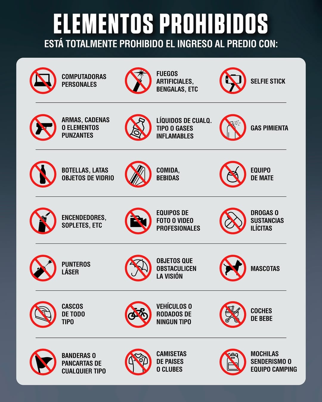 Objetos prohibidos durante el festival.