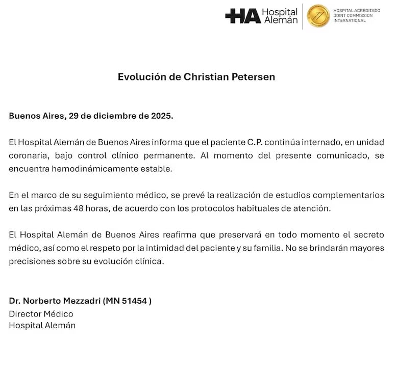Nuevo parte médico de Christian Petersen. (Captura de pantalla).