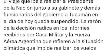 La suspensión del operativo presidencial fue confirmada por Adorni, en base a informes de Casa Militar y Fuerza Aérea.
