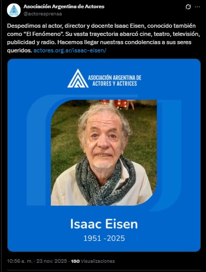 Murió el actor Isaac Eisen