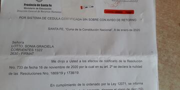 Telegrama en el que se informa la revocación de la titularización (@lottosonia)