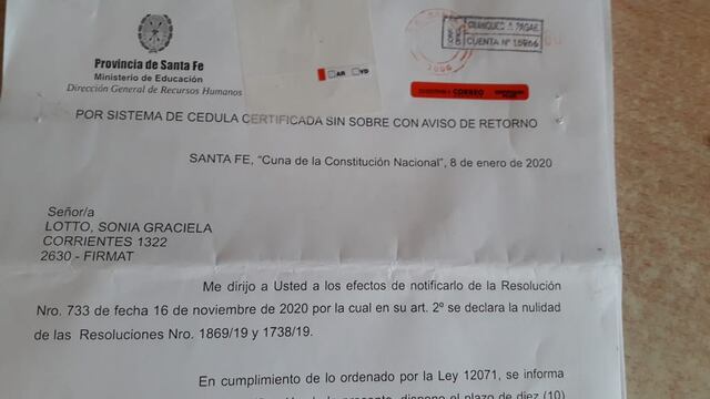 Telegrama en el que se informa la revocación de la titularización (@lottosonia)