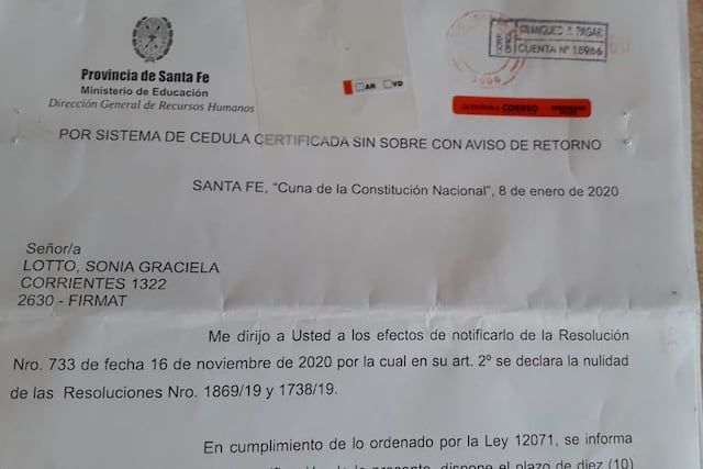 Telegrama en el que se informa la revocación de la titularización (@lottosonia)
