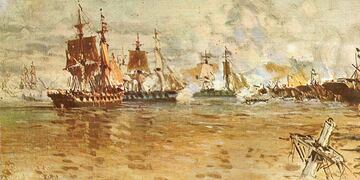 Obra de Manuel Larravide (1910) que recrea la batalla de la Vuelta de Obligado, que tuvo lugar en 1845 en un recodo del río Paraná, al norte de la Provincia de Buenos Aires.