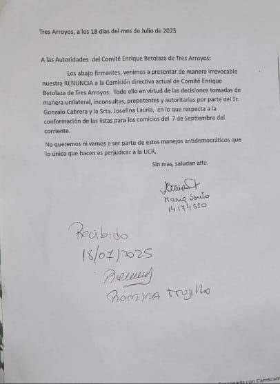 UCR Tres Arroyos: por diferencias en el armado de las listas renuncia parte de la Comisión Directiva