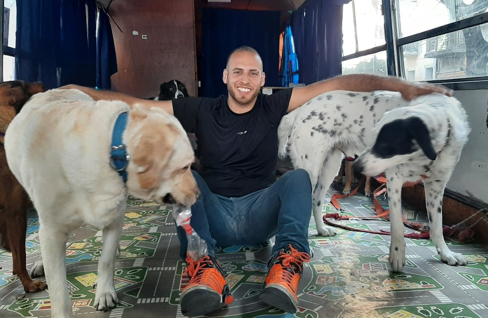 Aventura de perros: conocé a León, el paseador que lleva a las mascotas en su colectivo por Buenos Aires