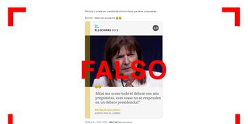 Es apócrifa la placa de Patricia Bullrich afirmando que Javier Milei “la acosó todo el debate” con sus propuestas.