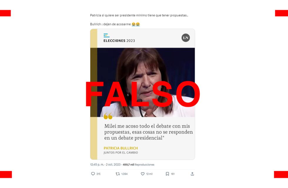 La placa de La Nación en la que Patricia Bullrich se queja del acoso de Javier Milei en el debate presidencial es falsa