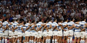 Momento emotivo cuando Los Pumas entonaron las estrofas del Himno Nacional Argentino. / Gentileza.