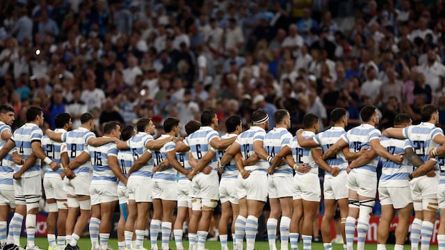 Momento emotivo cuando Los Pumas entonaron las estrofas del Himno Nacional Argentino. / Gentileza.