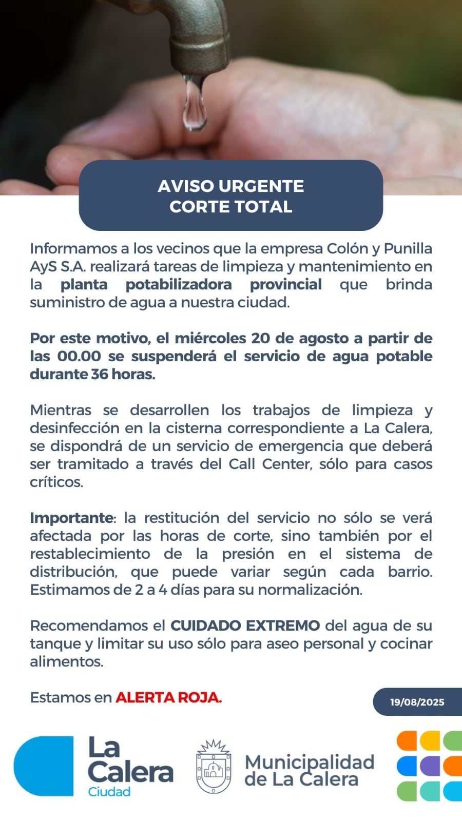 Alerta roja por corte de agua en La Calera.