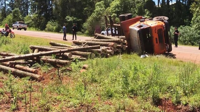 Un camión maderero volcó en la Ruta Nacional 14, en San Vicente.