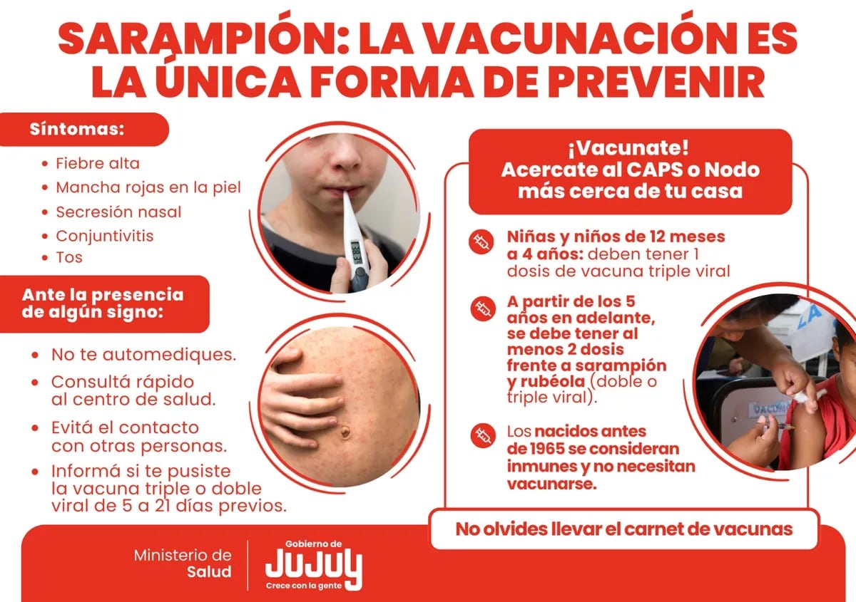 Infografía sobre el sarampión, distribuida por el Ministerio de Salud de Jujuy. Es fundamental que niñas y niños de 1 y de 5 años de edad cuenten con la vacuna triple viral.