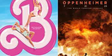 Esta combinación de imágenes muestra el arte promocional de "Barbie", a la izquierda, y "Oppenheimer". (Warner Bros Pictures/Universal Pictures vía AP)