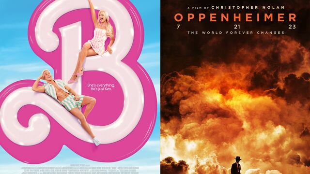 Esta combinación de imágenes muestra el arte promocional de "Barbie", a la izquierda, y "Oppenheimer". (Warner Bros Pictures/Universal Pictures vía AP)