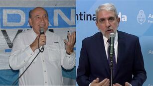 A la izquierda el dirigente justicialista jujeño Rubén Rivarola, diputado provincial y precandidato a senador nacional por Unión por la Patria (UxP). A la derecha su reemplazante, Aníbal Fernández, designado interventor del PJ Jujuy junto con Gustavo Menéndez.