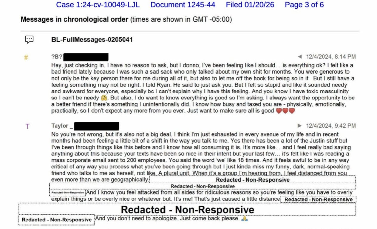 Mensajes revelados entre Taylor Swift y Blake Lively.