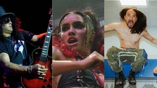 Slash, Lali y Steve Aoki sobresalen en el programa de Cosquín Rock 2024. (AP, Facundo Luque e Instagram @bizarrap)