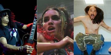 Slash, Lali y Steve Aoki sobresalen en el programa de Cosquín Rock 2024. (AP, Facundo Luque e Instagram @bizarrap)