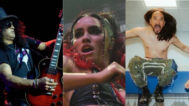 Slash, Lali y Steve Aoki sobresalen en el programa de Cosquín Rock 2024. (AP, Facundo Luque e Instagram @bizarrap)