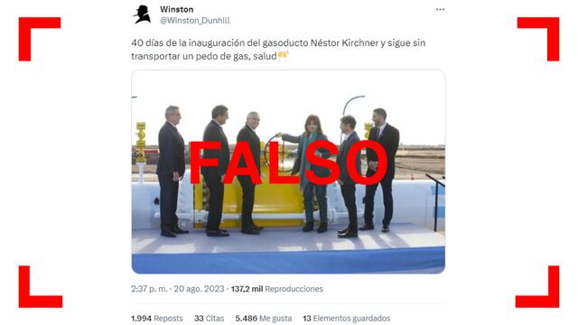 Es falso que el gasoducto Néstor Kirchner no esté transportando gas.