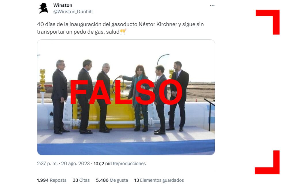 Es falso que el gasoducto Néstor Kirchner no esté transportando gas