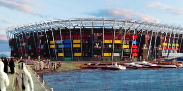 974 Stadium. Construido con 974 contenedores marítimos. Se desarmará una vez concluido el certamen.