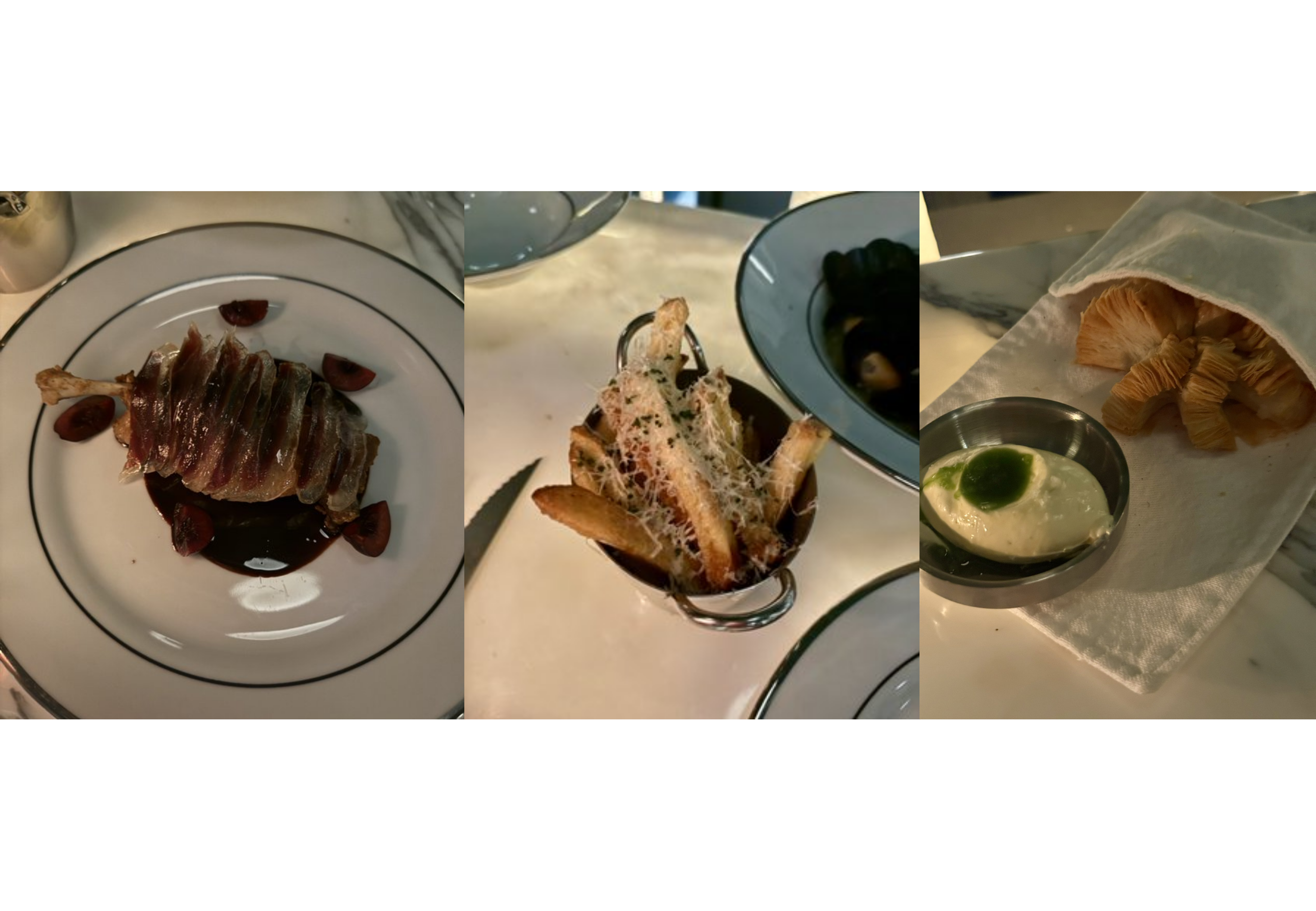 Pato, papas fritas y una cremona con manteca.