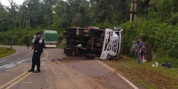 Parque Provincial Urugua-í: camión despistó y volcó su carga.