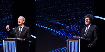 Los candidatos en el primer debate presidencial, y el cruce entre Juan Schiaretti y Javier Milei (Clarín).