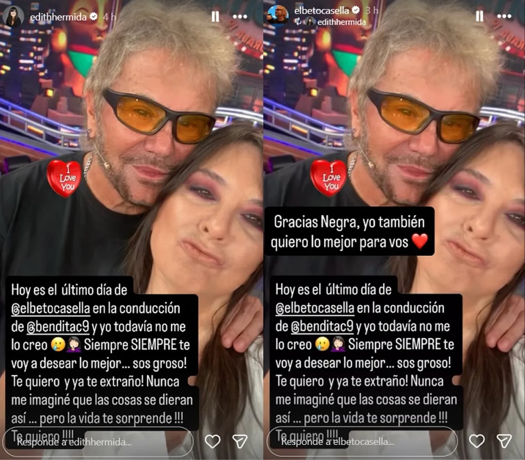 Edith Hermida y Beto Casella se despidieron después de haber trabajado juntos 20 años. (Fotos: Instagram)