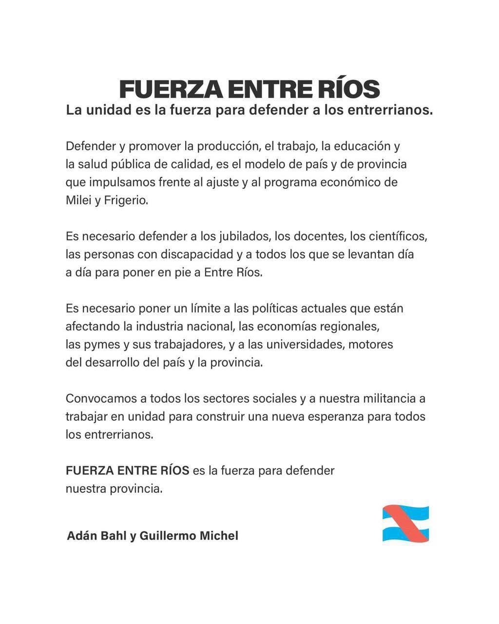 Bahl y Michel lanzaron “Fuerza Entre Ríos” y presentaron un acuerdo programático.