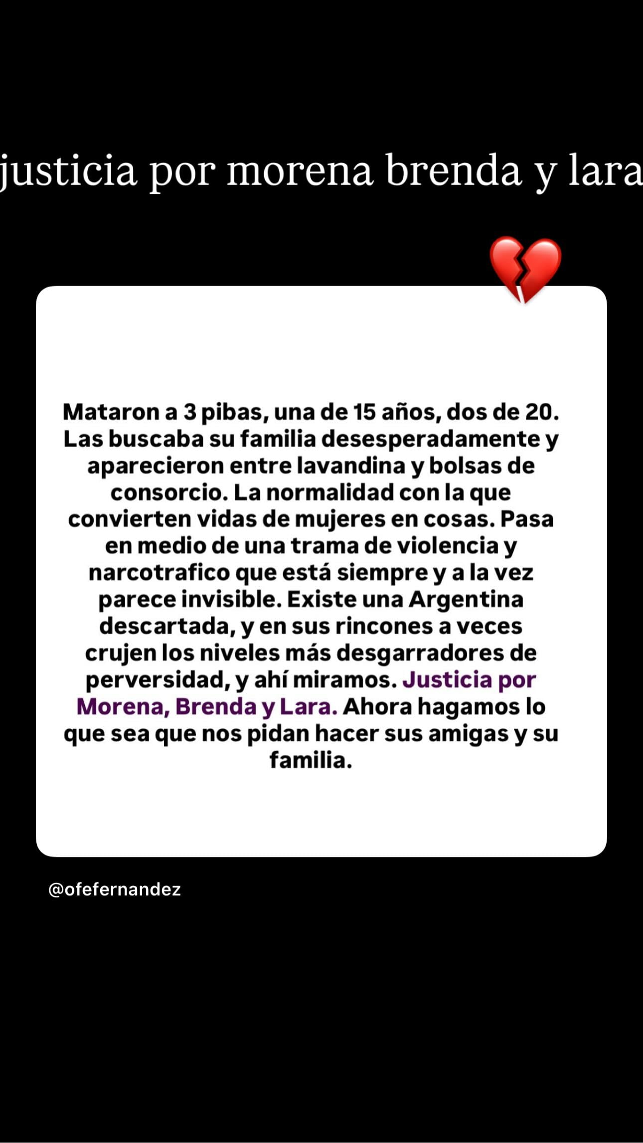El mensaje de Ofelia Fernández, compartido por Ángela Torres. (Instagram)