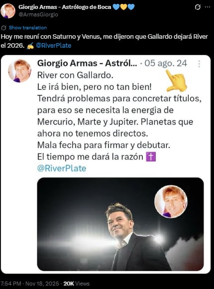 Esto es lo que predijo Giorgio Armas sobre el futuro de Marcelo Gallardo.