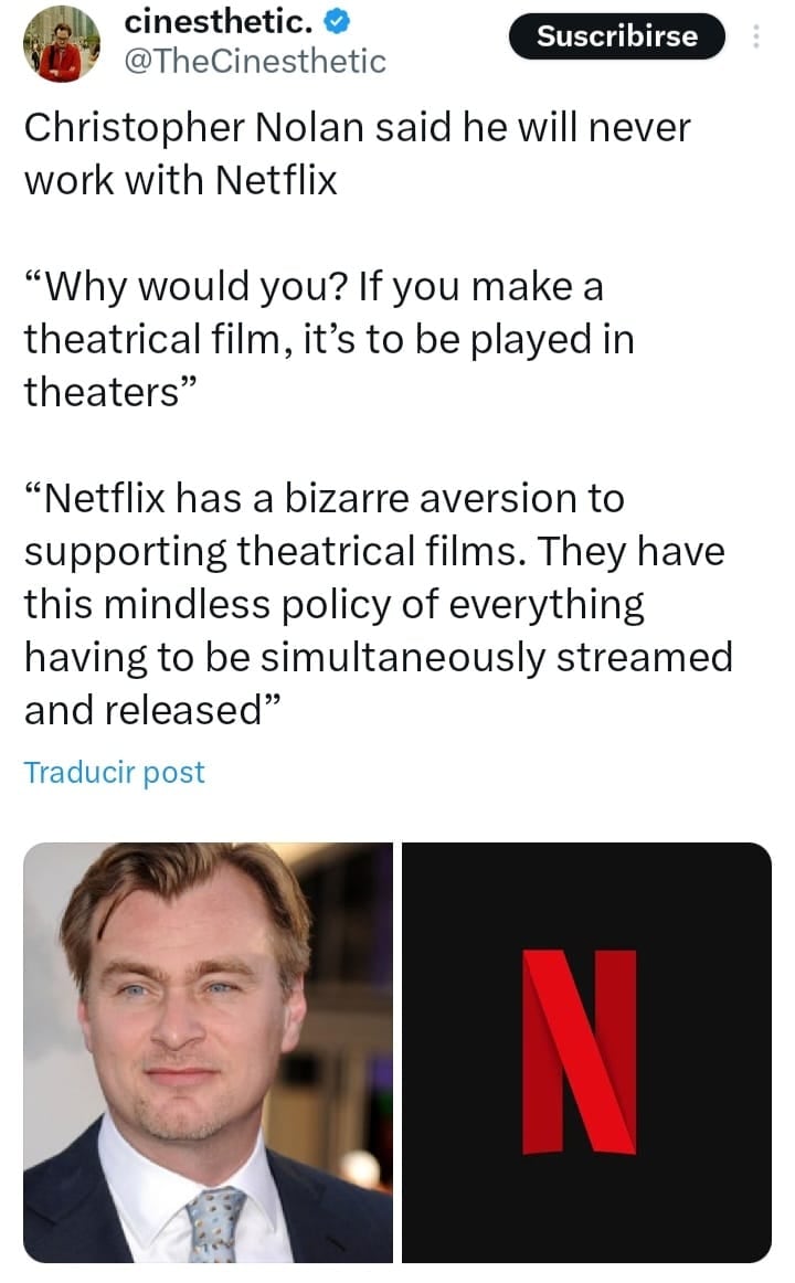 Christopher Nolan está negado a la posibilidad de hacer películas para Netflix.