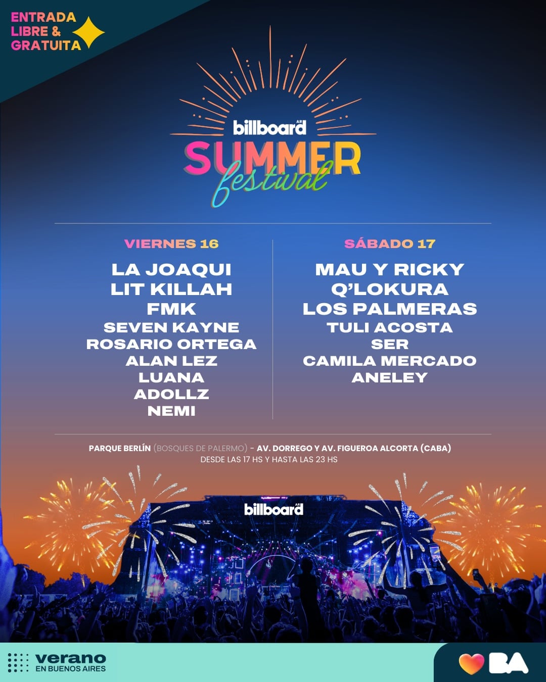 La Joaqui y Los Palmeras gratis en Palermo este finde: horarios y cómo llegar al Billboard Summer Festival